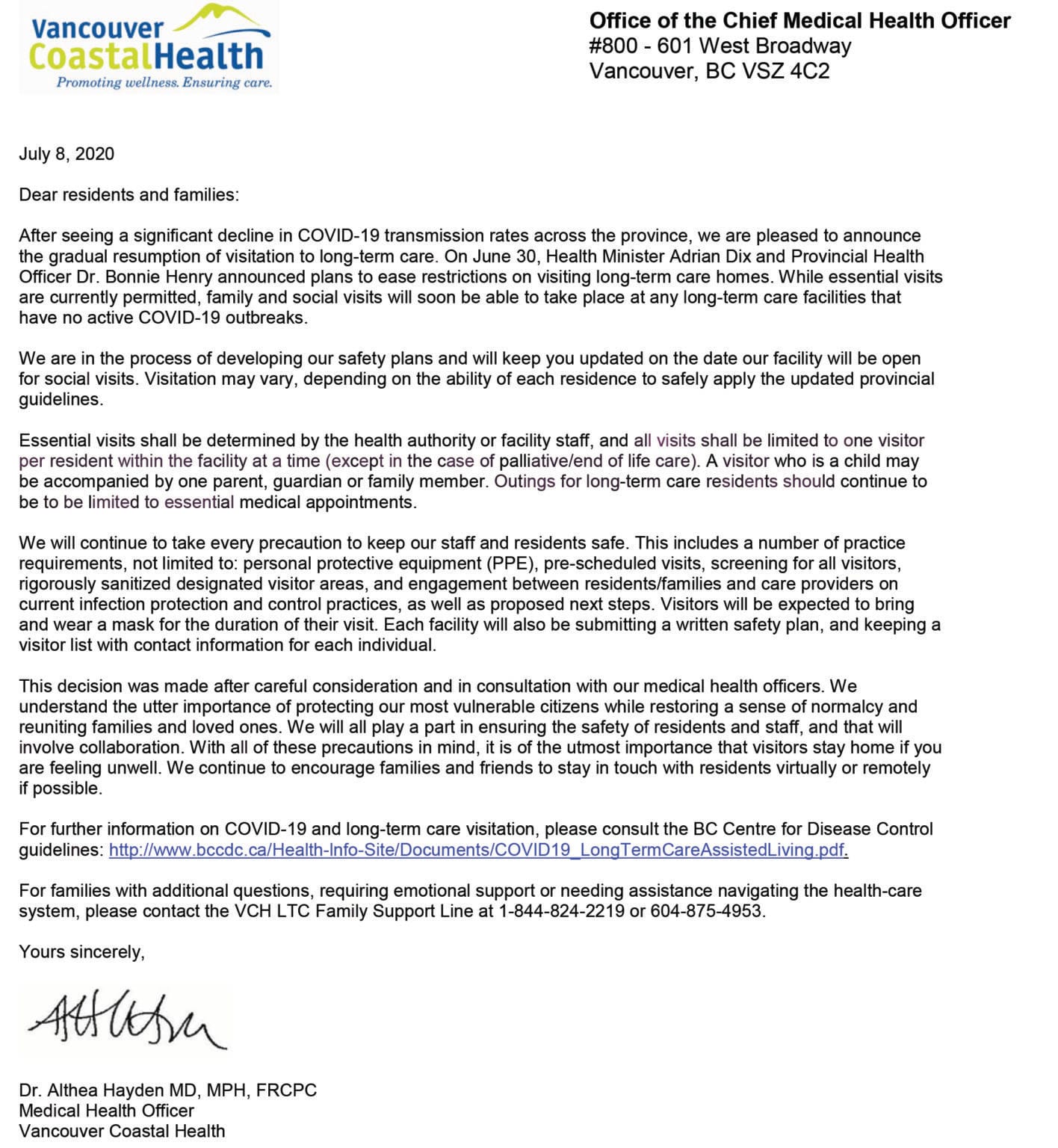 LTC Visitation Safety Plan Three Links Care Society